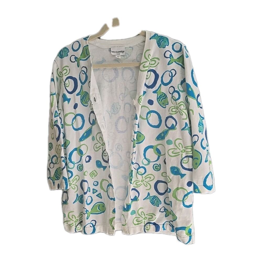 Breckenridge Blue Fish Button Front 3/4 Sleeve Cardigan Sweater Womans‎ Size 1X